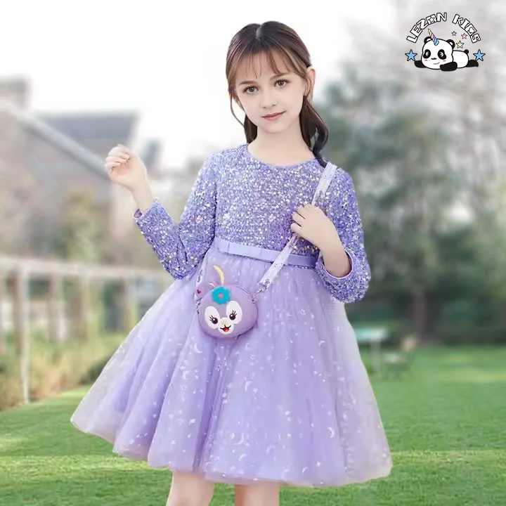 LEZONKIDS - 2024 Novas Tendências de Vestidos com Lantejoulas Roxos para Crianças com Mangas Longas para Primavera e Outono